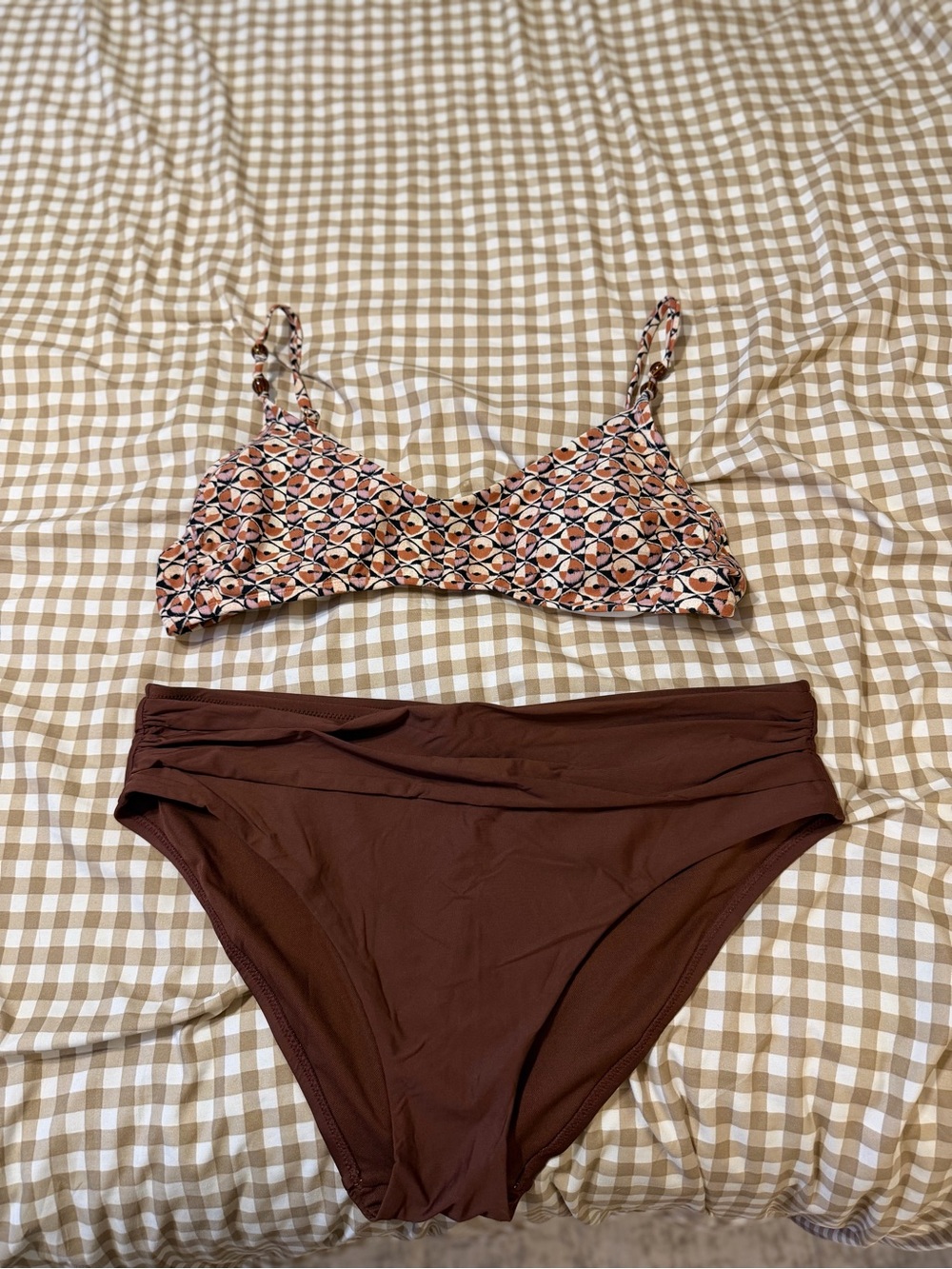Shade & Shore Brown Printed Top Bikini with Solid Brown Bottom